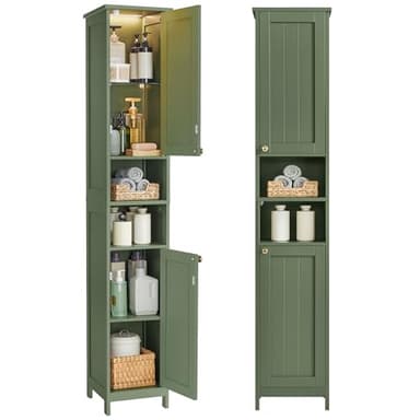 VASAGLE Tall Bathroom Cabinet with Lights, Slim Freestanding Bathroom Storage Cabinet with Adjustable Shelves, for Small Spaces, Modern, 11.8 Inches Wide, Forest Green UBBC566C01 - Image 1