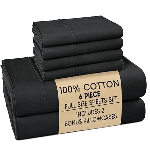Casa Platino 100% Cotton Sheets Full Size Set - 6 Pieces (1 Flat, 1 Fitted, 4 Pillowcases) - Soft & Breathable Percale Weave - Durable & Cooling Bed Sheets with Deep Pockets - Full Sheet Set - Black - Image 1
