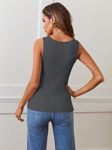 MEROKEETY Women's Ribbed Knit Tank Tops 2025 Square Neck Sleeveless Summer Basic Shirts Sweater Vest, Darkgrey, Medium - Image 3