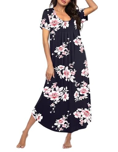 Ekouaer Long Nightgowns for Women Soft House Dress Pleated Front Nightshirt Full Length Loungwear Black Pink Flowers XL - Image 1