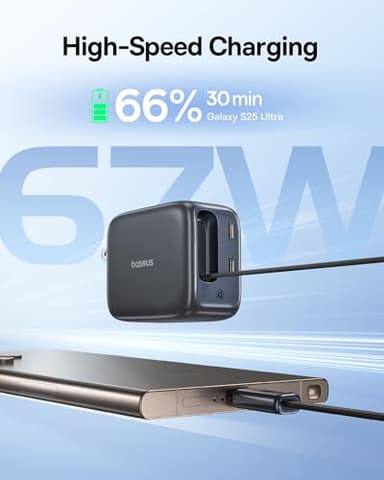 Baseus Enercore CJ11 Retractable USB C Charger, 67W 3 in 1 Fast Charging Block with Foldable Plug, PD/PPS for Galaxy S25/iPhone 17/16/15 Series/MacBook Air/Airpods 4 - Image 2