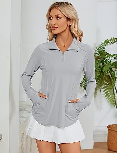 LOMON Womens Workout Tops Long Sleeve 1/4 Zip Uv Sun Protection Quick Dry Hiking Athletic Shirts Rash Guard Upf50+（Grey,M） - Image 5