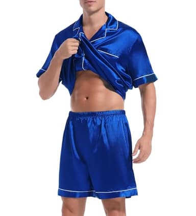 Guriyzee Couple Pajamas Set Men Satin Short Sleeve Sleepwear 2 Pcs Button Down Pjs Loungewear Navy Blue Large - Image 3