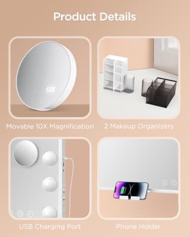 BESTOPE PRO Vanity Mirror with Lights, 23.6'' x 22.4'' Height Adjustable Makeup Hollywood Mirror with 3 Color Modes, 10X Magnification and 2 Storage Boxes, USB Charging Port, Phone Holder, Women Gifts - Image 8