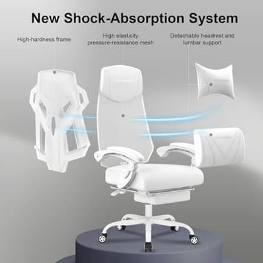 GTRACING Gaming Chair, Computer Chair with Mesh Back, Ergonomic Game Chair with Footrest, Reclining Game Chair with Adjustable Headrest and Lumbar Support for Gaming and Office (White) - Image 4
