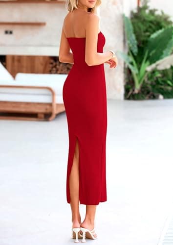 PRETTYGARDEN Women's Bodycon Long Dresses Summer Strapless Tube Twist Knot Front Ribbed Knit Maxi Cocktail Dress with Slit (Red,Medium) - Image 2