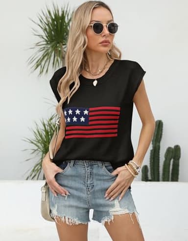 Allifewithu Women's Cap Sleeve Top Crew Neck Summer Sweater Vest American Flag Lightweight Sweaters Tops Black X-Large - Image 3