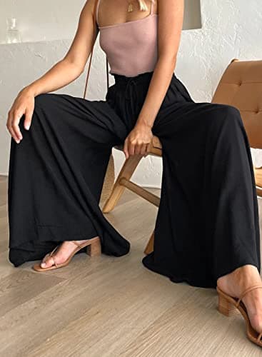 Dokotoo Womens Beach Fashion Clothing Wide Leg Pants with Tie Drawstring Casual Loose High Waisted Palazzo Linen Pants for Women Ladies Soft Lounge Trousers with Pockets Black L - Image 5
