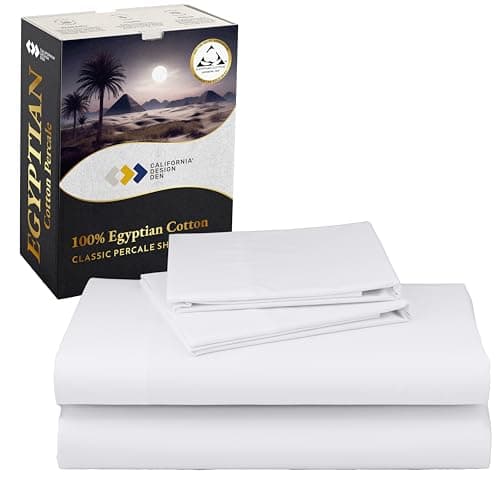 California Design Den Certified 100% Egyptian Cotton Sheets Queen Size Bed Set - Lightweight & Crisp Percale Queen Sheet Set Deep Pocket, Cool & Durable Luxury Bedding - White - Image 1