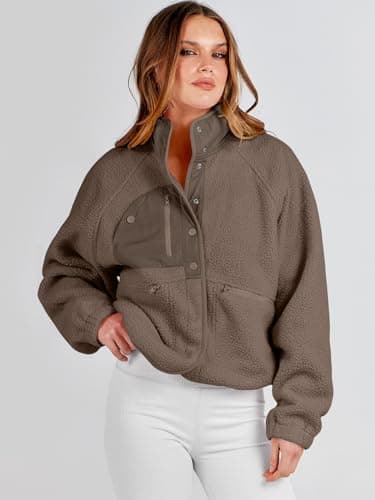 ANRABESS Womens Fuzzy Fleece Jacket Fall Casual Long Sleeve Cropped Sherpa Button Down Shacket Coats Outwear With Pockets Coffee Medium - Image 9