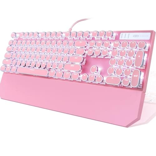 Camiysn Typewriter Style Mechanical Gaming Keyboard, Pink Retro Punk Gaming Keyboard with White Backlit, 104 Keys Blue Switch Wired Cute Keyboards, Round Keycaps for Windows/Mac/PC - Image 1