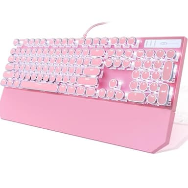 Camiysn Typewriter Style Mechanical Gaming Keyboard, Pink Retro Punk Gaming Keyboard with White Backlit, 104 Keys Blue Switch Wired Cute Keyboards, Round Keycaps for Windows/Mac/PC - Image 1