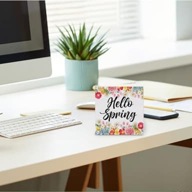 Spring Decor, Rustic Hello Spring Wood Sign Floral Art Decorations Tabletop Shelf Desk Home Decor, 5 X 5 Inches - Image 4