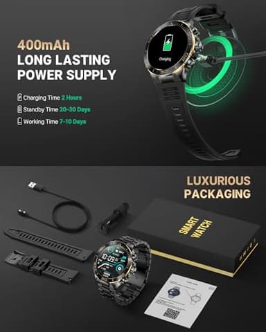 Smart Watch for Men Answer/Make Call for Android iPhone, 1.43" AMOLED HD Screen Mens Luxury Watch, 400mAh Heavy Duty Smartwatch Heart Rate Blood Oxygen Blood Pressure Sleep Monitor Pedometer, 2 Straps - Image 9