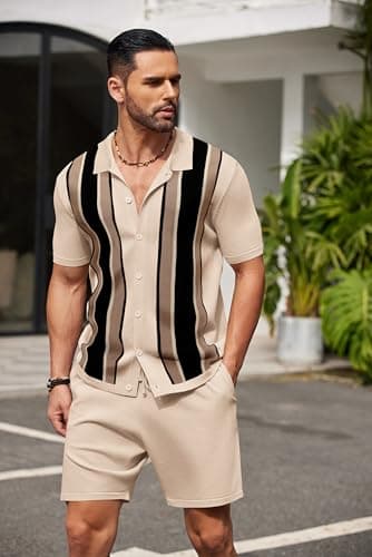 COOFANDY Men's 2 Piece Outfit Vintage Short Sleeve Knit Shirts Sets Striped Polo Shirt Casual Beach Shorts Suit - Image 5
