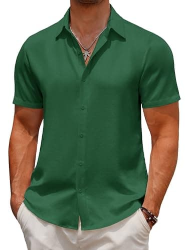COOFANDY Men's Linen Shirts Short Sleeve Casual Button Down Shirts Summer Beach Resort Slim Fit T-Shirts Evergreen - Image 1
