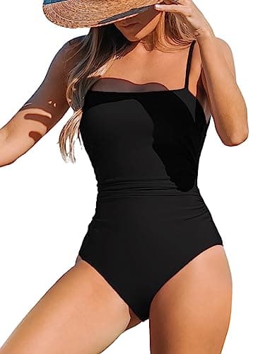 CUPSHE Women's One Piece Swimsuit Square Neck Cutout Back Tummy Control Adjustable Straps Striped Swimwear, L Black - Image 1