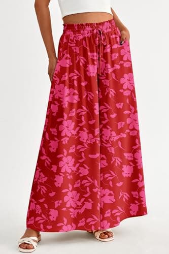 PRETTYGARDEN Women's 2025 Summer Wide Leg Palazzo Pants High Waisted Flowy Pockets Trendy Casual Lounge Boho Beach Trousers (Print Red,Medium) - Image 6
