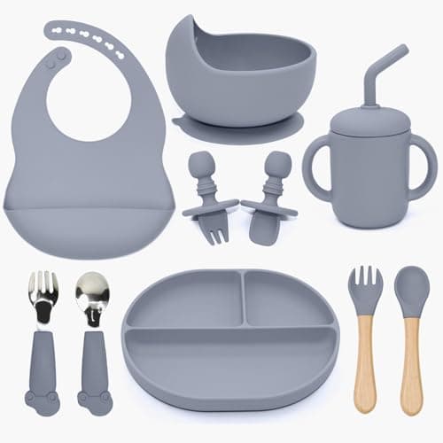 SILI FACTORY Silicone Baby Feeding Set - 10PCS Suction Baby Bowl and Divided Toddler Plates Adjustable Bib Cup Spoons Forks -Baby Led Weaning Supplies, Baby Utensils Eating Essential Set for 6+ Months - Image 1