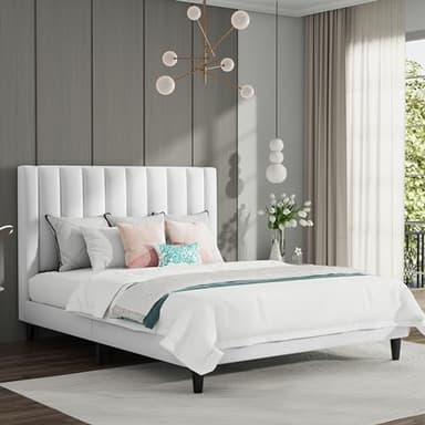 SHA CERLIN Full Bed Frame/Velvet Upholstered Platform Bed Frame with Headboard/Strong Wood Slats Support/Mattress Foundation/No Box Spring Needed/Easy Assembly/White - Image 3