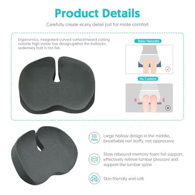 Seat Cushion for Office Chairs - Tailbone & Sciatica & Hip & Coccyx & Low Back Pain Relief Pillow - Memory Foam Pressure Relief Cushion for Long Sitting for Gaming, Compute, Desk Chair, Car Seat - Image 7