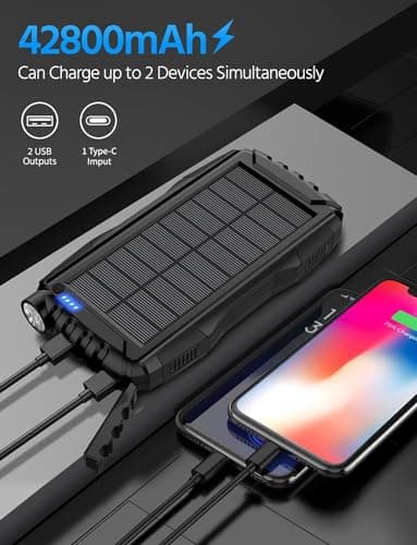 Solar Charger, Power Bank, 42800mAh Portable Charger Power Bank External Battery Pack 5V3.1A Qc 3.0 Fast Charger Built-in Super Bright Flashlight (Black) - Image 2