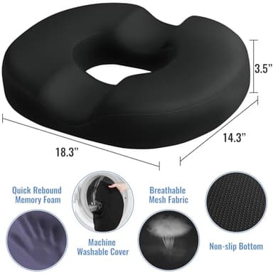 CloudBliss Donut Pillow Seat Cushion for Tailbone Pain Relief and Hemorrhoids, Memory Foam Chair Cushion, Seat Cushions for Men and Women for Home & Office, (Black-XL) - Image 2