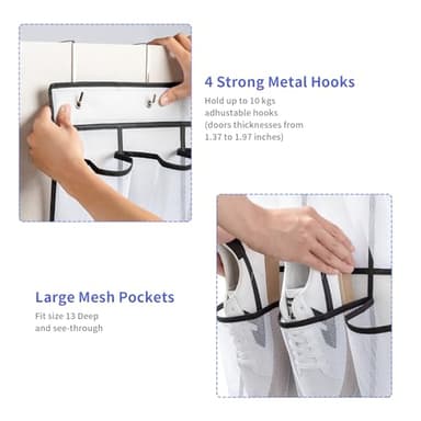 SAVERHO 35 Pockets Over the Door Shoe Organizer, Hanging Shoe Organizer for Door with 35 Mesh Pockets Large Capacity Shoe Hanging Storage Bag with 4 Metal Hooks (White-1Pack) - Image 4