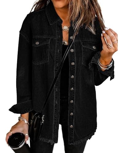 Vetinee Women's Concert Outfits for Women Oversized Boyfriend True Black Front Button Up Frayed Raw Hem Long Sleeve Pockets Denim Jean Jacket Shacket X-Large Size 16 Size 18 - Image 1