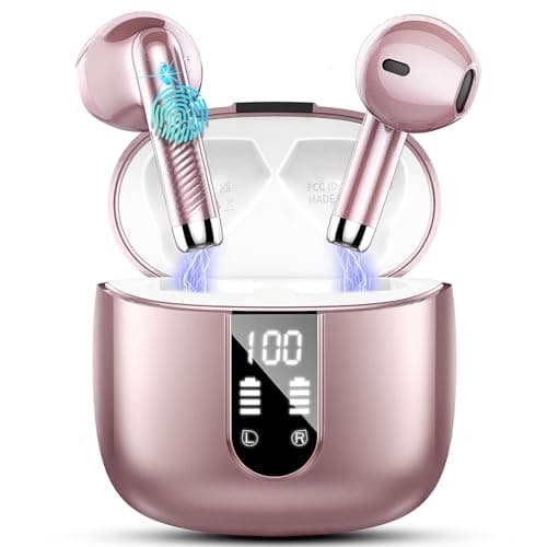 Wireless Earbuds, Bluetooth Headphones 5.4 with ENC Noise Cancelling Mic, 40H Bluetooth Ear buds Stereo Bass with LED Display Charging Case, IP7 Waterproof Wireless Earphones for Android/iOS, Rosegold - Image 1