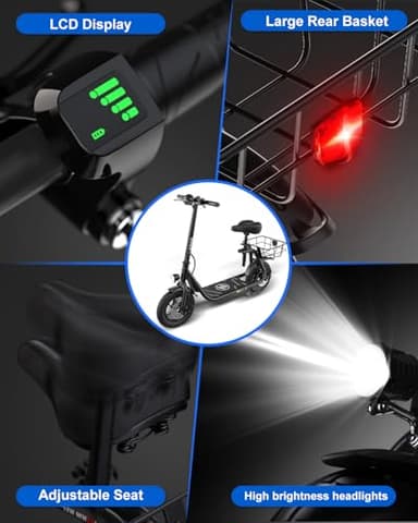 Electric Scooter with Seat ZD06, 800W Peak Motor, 20 Mile Range & 15.5 Mph, Key Start, Foldable E-Scooter with Carry Basket for Pets & Cargo, Electrically-Powered Motor Scooters - Image 8