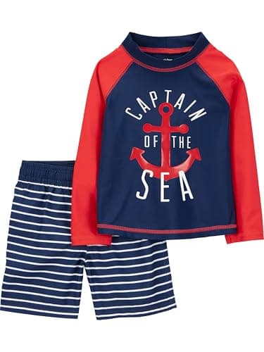 Simple Joys by Carter's Toddler Boys 2-piece Swimsuit Trunk and Rashguard, Red and Blue Anchor, 2T - Image 1
