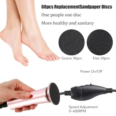 Electric Foot File Callus Remover Professional Foot Sander Grinder Scrubber Foot File Pedicure Tools Adjustable Speed 60 Replacement Sandpaper disc Easy to Remove Cutin Dead Skin calluses-Rose Gold - Image 5