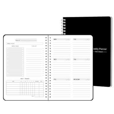 TREES Undated Weekly Planner, Weekly To Do List Notebook with Goal & Habit Tracker Organizer, A5 5.8"" x 8.0"" Weekly Planner Notebook with Spiral Binding for Men or Women, Black - Image 1