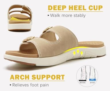 COFACE Womens Orthotic Slides Comfort Plantar Fasciitis Arch Support Slip on Flat Sandals Ladies Soft Cushion Fashion Yoga Mat Slippers With Adjustable Straps, Beige Size 8.5 - Image 3
