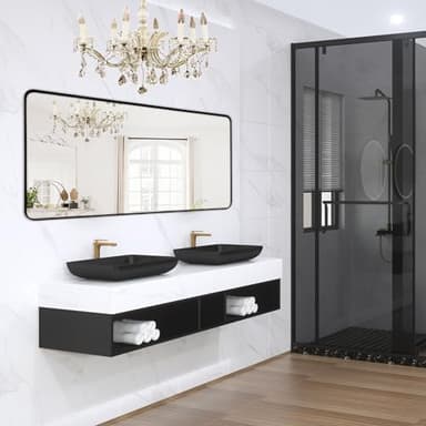 Minuover Wall Mount Mirror for Bathroom, Brushed Black Metal Framed Large Rounded Corner Rectangular Vanity Mirror, Tempered Glass (28" x 60", Black) - Image 1