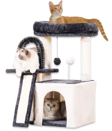 Happi N Pets Cat Tree Tower for Indoor Cats, Multi-Level Cat Tree with Scratching Posts & Condos, Cozy Cat Perch, Self Groomer and Interactive Toys, Featuring with Large Cat Cave, Light Gray - Image 1