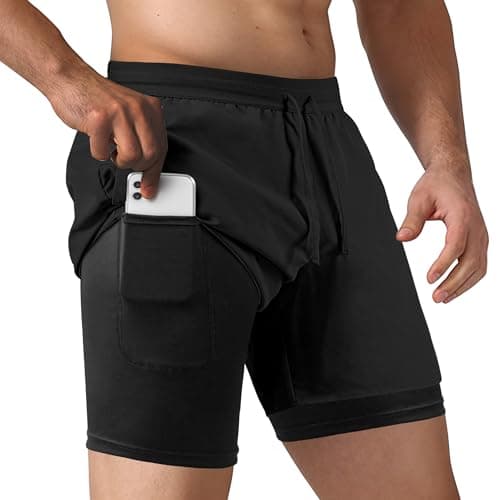 NIMOJIRO Men's 2 in 1 Running Shorts Workout Athletic Shorts Outdoor Sports with Liner Lightweight Training Yoga Gym Shorts with Phone Pockets Black M - Image 1
