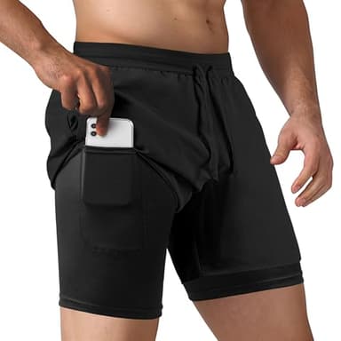 NIMOJIRO Men's 2 in 1 Running Shorts Workout Athletic Shorts Outdoor Sports with Liner Lightweight Training Yoga Gym Shorts with Phone Pockets Black M - Image 1