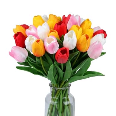 SITUMEIZI Fake Flowers Tulips Artificial Silk Flower 15pcs Real Touch 14" for Spring Easter Home Kitchen Wedding Bouquet Bulk Mother's Gift Day Decorations(Assorted Colors,5) - Image 1