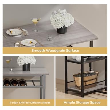 COMHOMA Dining Table Set for 2, Counter Height Kitchen Table and Chairs with Storage Shelves & Wine Rack, Bar Table Set with 2 Bar Stools, 3 Piece Dining Room Table Set for Small Space, Retro Grey - Image 5