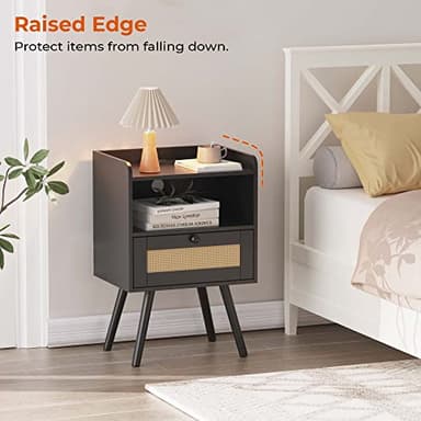 SUPERJARE Nightstands with Charging Station, Bedside Table Set of 2 with PE Rattan Drawers, Rattan Side Table with Storage & Solid Wood Feet, End Table for Bedroom, Black - Image 4