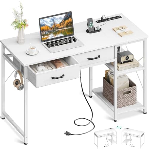 Coleshome Small Computer Desk with Drawers, 40 Inch Reversible Home Office Desk with Power Outlet, Study Laptop Vanity Table with Storage Shelves for Bedroom Small Space, White - Image 1