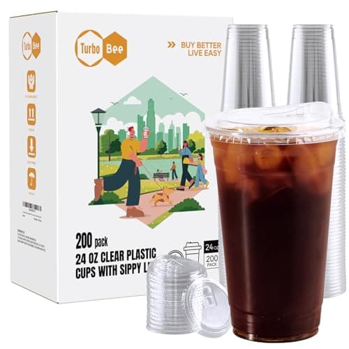 Turbo Bee 24 OZ 200 Sets Clear Plastic Cups with Strawless Sip Lids, To Go Crystal Clear Disposable Plastic Cups with Lids for Iced Coffee, Smoothies, Soda, Lemonade, Cold Beverage - Image 1