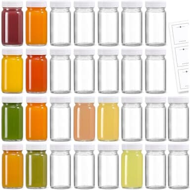 30 Pack 2 oz Glass Shot Bottles w/ White Lids & 30 Labels - Small Clear Jar for Ginger, Wellness Shot, Juice, Sample, Whiskey - Travel Essentials Mini Bottles - Wide Mouth, Leakproof, Dishwasher Safe - Image 1