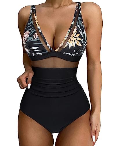 SUUKSESS Women Slimming Tummy Control One Piece Swimsuits Sexy Mesh High Waisted Monokini Bathing Suits (Black-Pink Floral, S) - Image 1