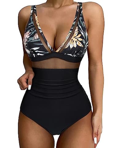 SUUKSESS Women Slimming Tummy Control One Piece Swimsuits Sexy Mesh High Waisted Monokini Bathing Suits (Black-Pink Floral, S) - Image 1