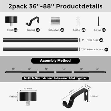 VOIIY 2 Pack Curtain Rods for Windows 48 to 84 Inch(4-7 Feet),Black 1'' Diameter Drapery Rods with End Cap Style Design,Modern Adjustable Heavy Duty Curtain Rod,Size:36''-88'' - Image 8