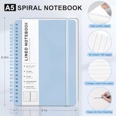 ABERLLS Blue Lined Spiral Journal Notebook with 160 Pages, 8×5.7in, A5 Spiral Notebook, Journaling Notebooks for Work, School, Women, Men, College Ruled Spiral Notebook, Hardcover Leather Journals - Image 2