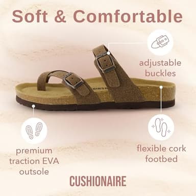 CUSHIONAIRE Luna Crossover Toe Strap Womens Sandals – Cork Footbed Slides with Adjustable Straps, Summer Sandals for Women 2025, BROWN 8W - Image 4